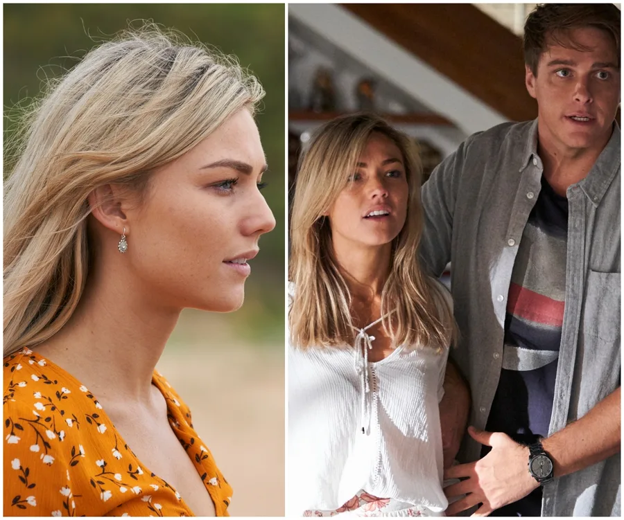 A woman looks to the side outdoors; inside, she stands with a man, both looking surprised.