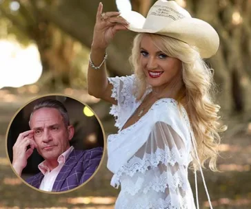 A woman in white dress and cowboy hat smiles, with a man in a circular inset appearing thoughtful.