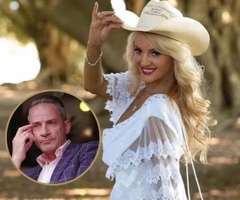 A woman in white dress and cowboy hat smiles, with a man in a circular inset appearing thoughtful.