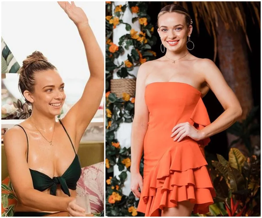 Woman in a black bikini raising her hand, and in a vibrant orange strapless dress smiling, with floral background.