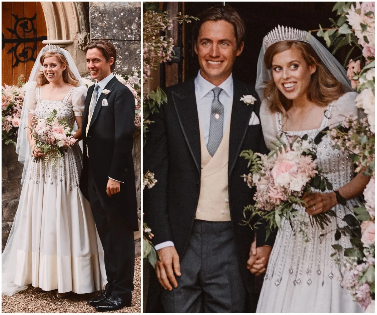 Princess Beatrice and her husband on their wedding day at a floral arch; she wears a tiara and holds a bouquet.
