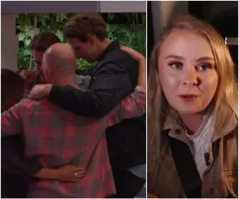 "Two images: a group of people in a huddle and a woman with long hair speaking directly to the camera."