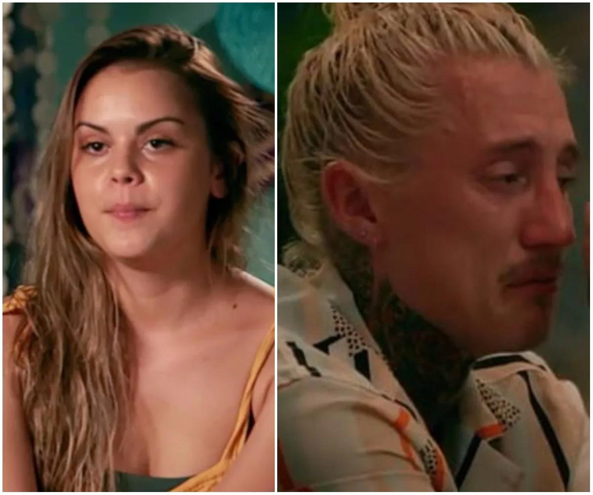 Two individuals in emotional scenes from "Bachelor in Paradise," one calm and the other appearing upset.