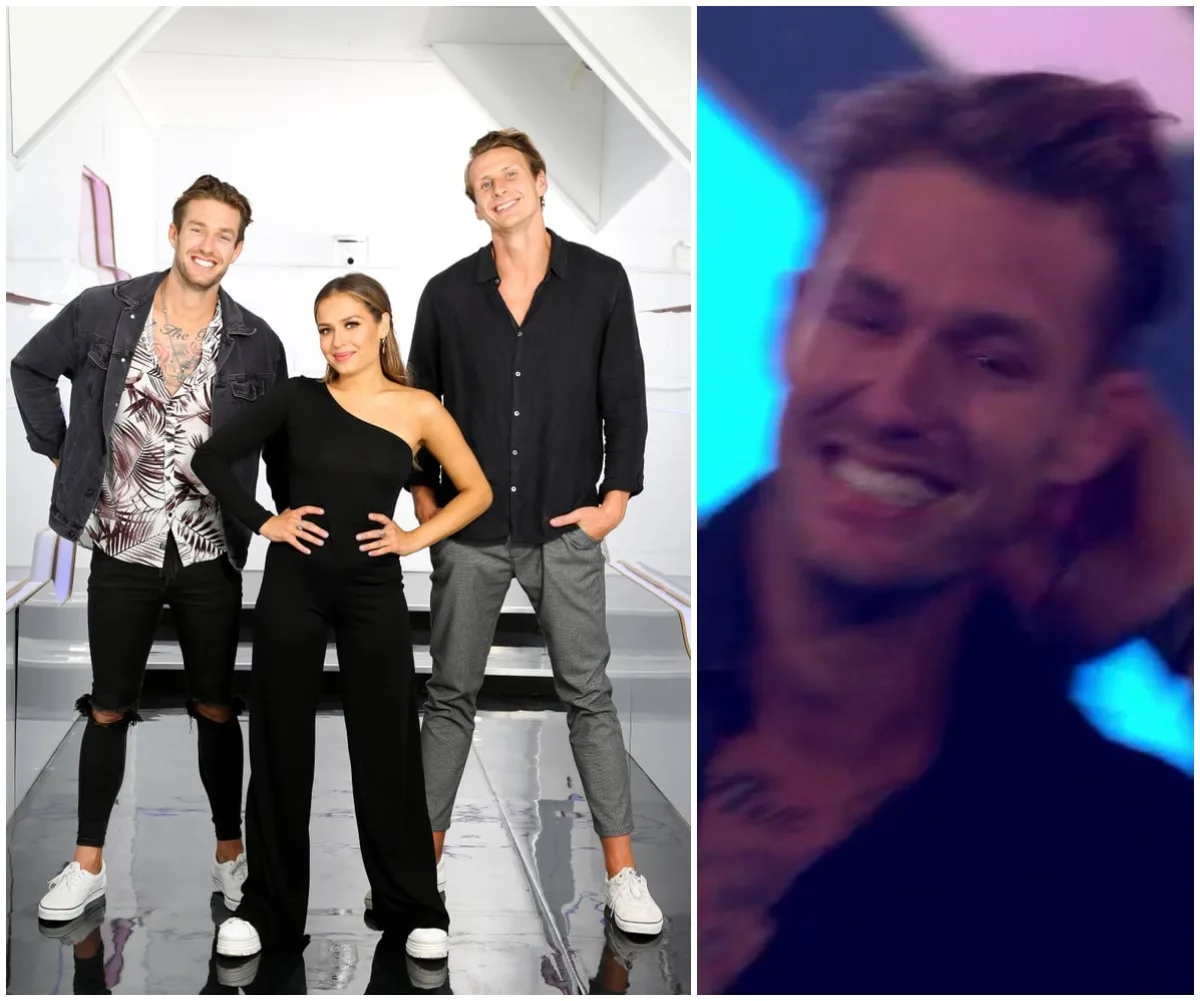 Three people smiling, standing together in stylish outfits; close-up of a man smiling on stage, possibly a winner announcement.