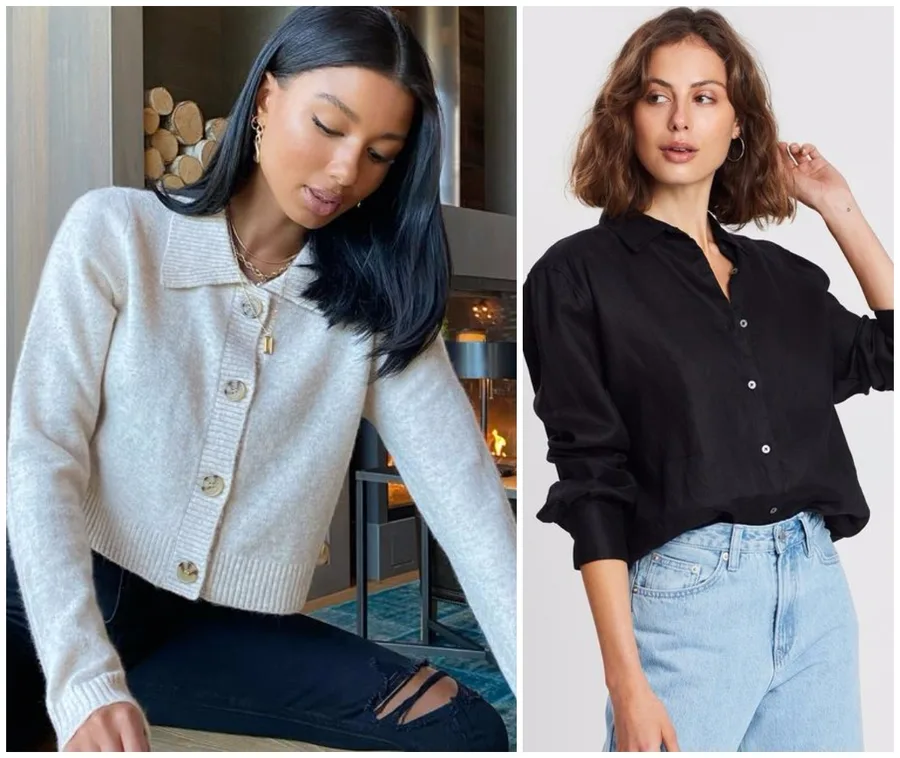 Two women in stylish loungewear; one in a cream cardigan, another in a black blouse with light jeans.