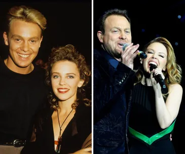 Kylie Minogue and Jason Donovan in a past photo on the left and performing on stage together on the right.