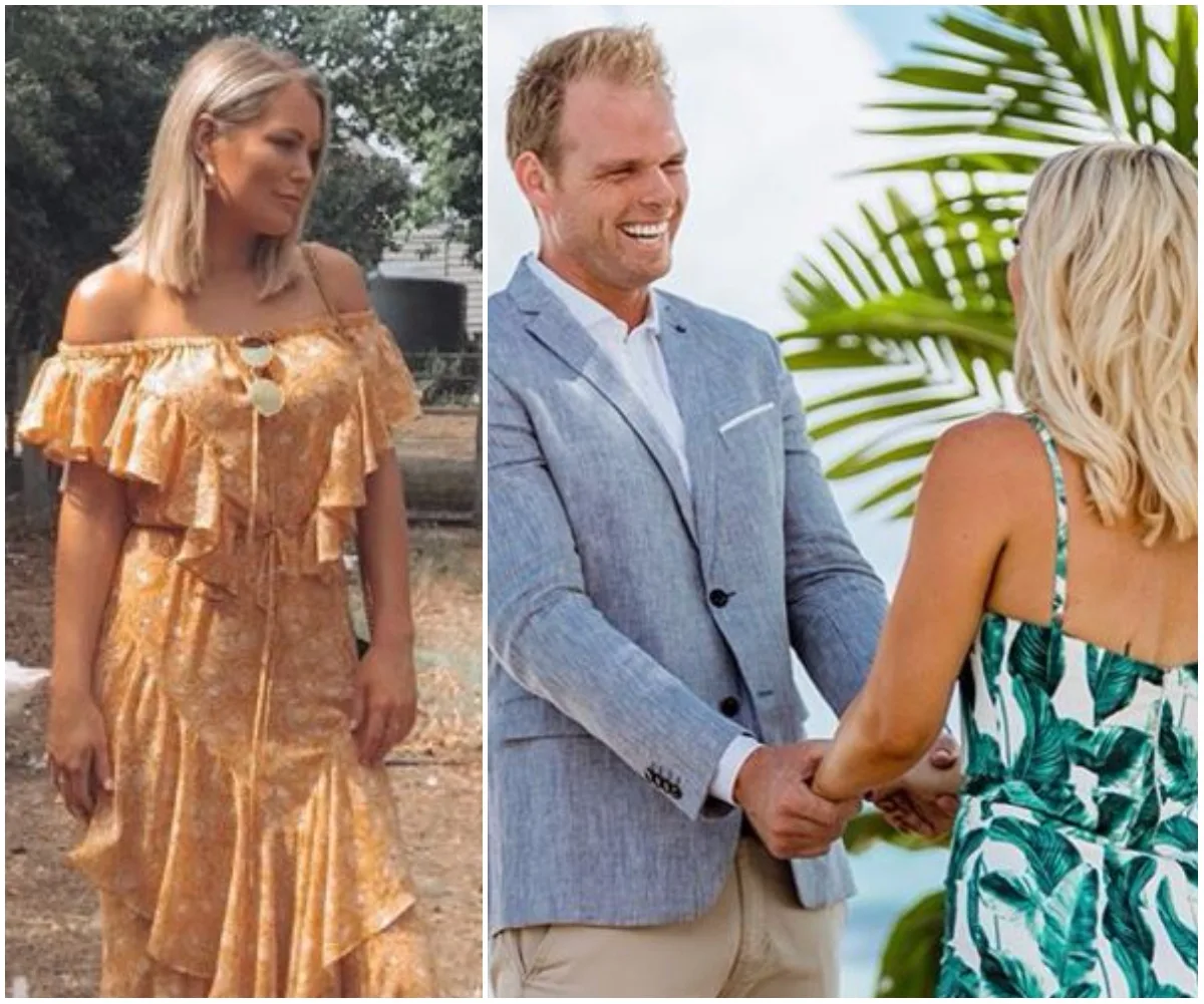 Blonde woman in an off-shoulder dress outside; smiling man in a suit holds hands with a woman in a tropical dress.