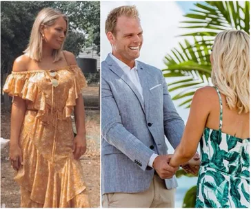 Blonde woman in an off-shoulder dress outside; smiling man in a suit holds hands with a woman in a tropical dress.