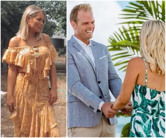 Blonde woman in an off-shoulder dress outside; smiling man in a suit holds hands with a woman in a tropical dress.