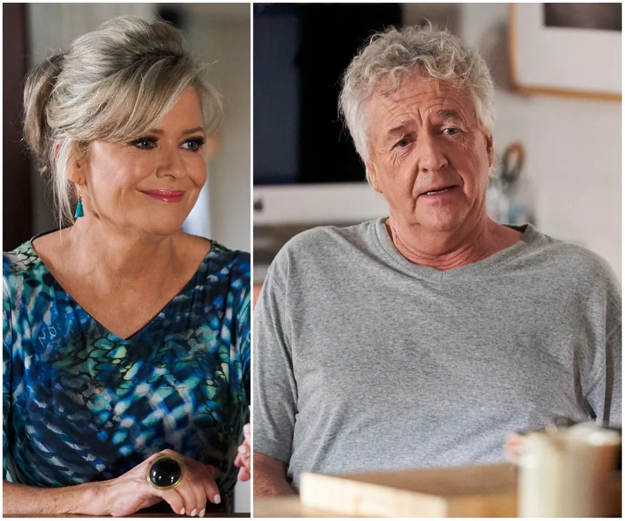 Two characters from "Home and Away," John and Marilyn, appear in a split image, each looking thoughtful.