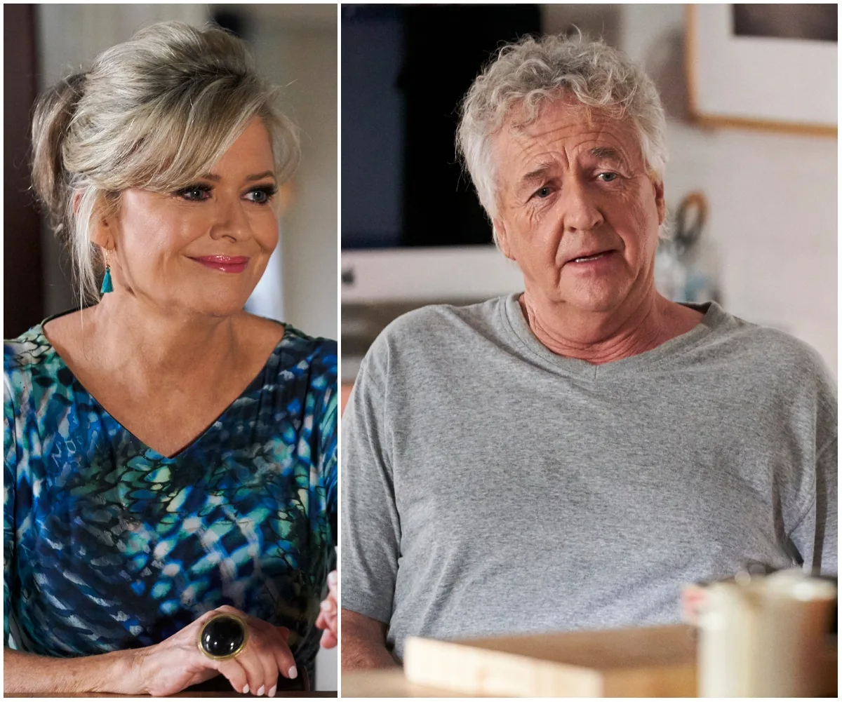 Two characters from "Home and Away," John and Marilyn, appear in a split image, each looking thoughtful.
