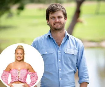 A man in a blue shirt outdoors, with an inset of a smiling woman in a pink top.