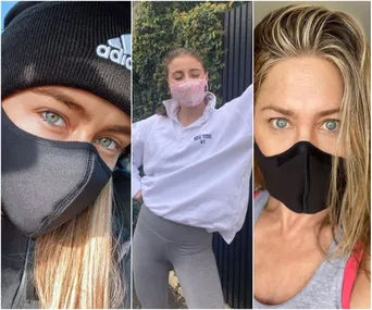 Celebrities wearing face masks: Left in black mask and Adidas beanie, center in tie-dye mask, right in black mask.
