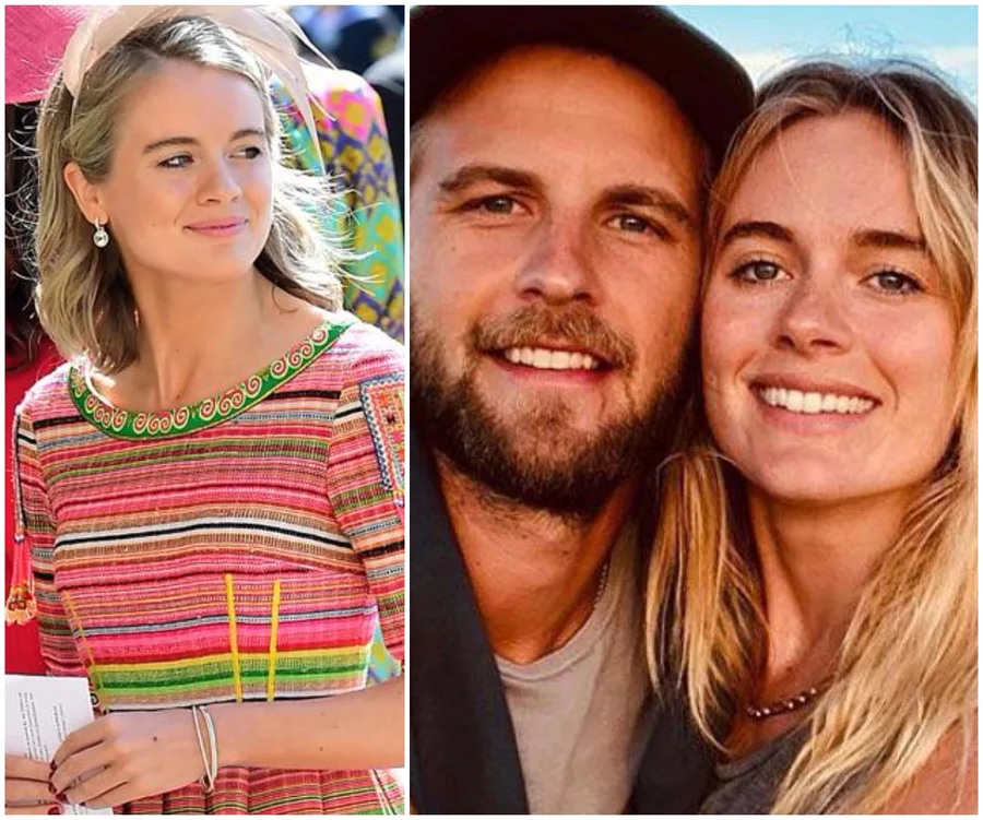 Cressida Bonas in a colorful dress at an event and a smiling selfie with a man, outdoors.