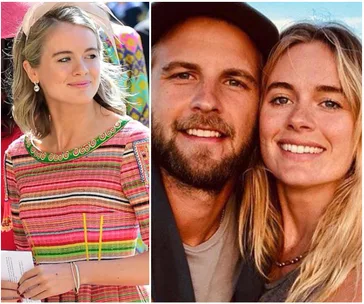 Cressida Bonas in a colorful dress at an event and a smiling selfie with a man, outdoors.