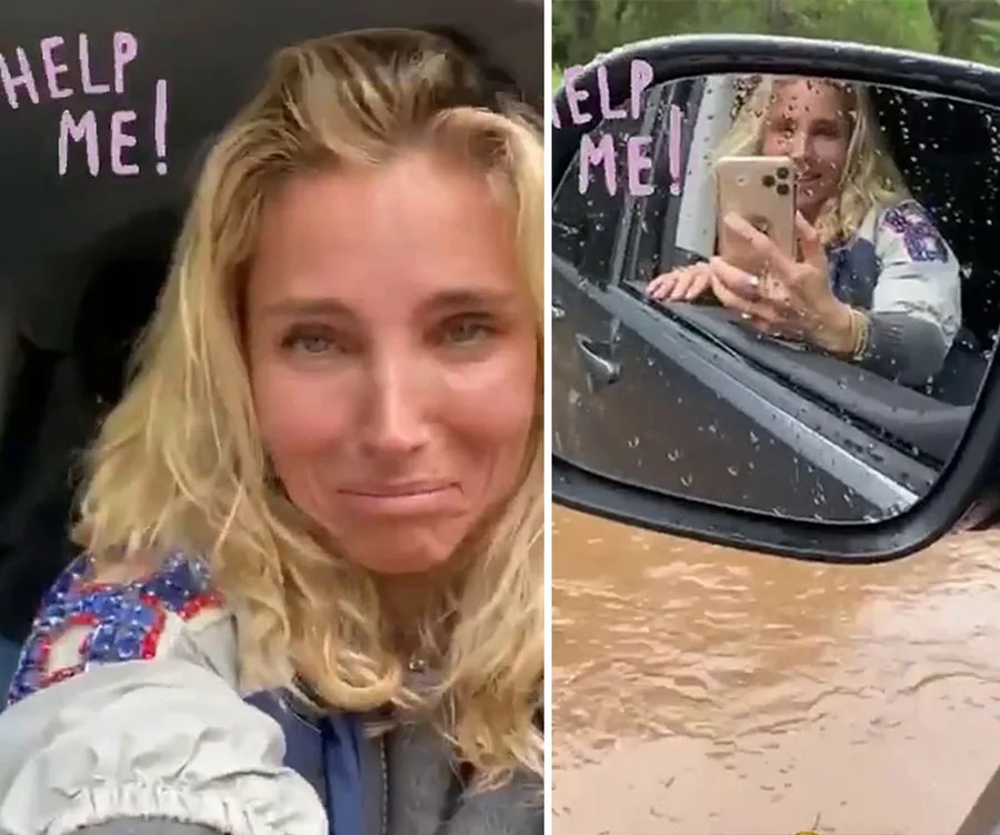 "Woman in a car, taking a selfie. Side mirror shows muddy floodwaters outside. 'Help me!' text overlay."