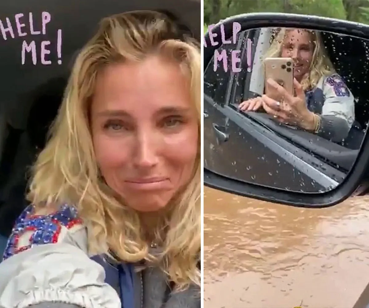 "Woman in a car, taking a selfie. Side mirror shows muddy floodwaters outside. 'Help me!' text overlay."