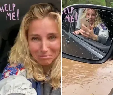 "Woman in a car, taking a selfie. Side mirror shows muddy floodwaters outside. 'Help me!' text overlay."