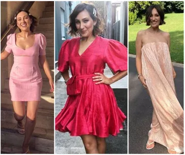 A person showcasing three different stylish outfits: a pink mini dress, a red dress, and a strapless patterned gown.
