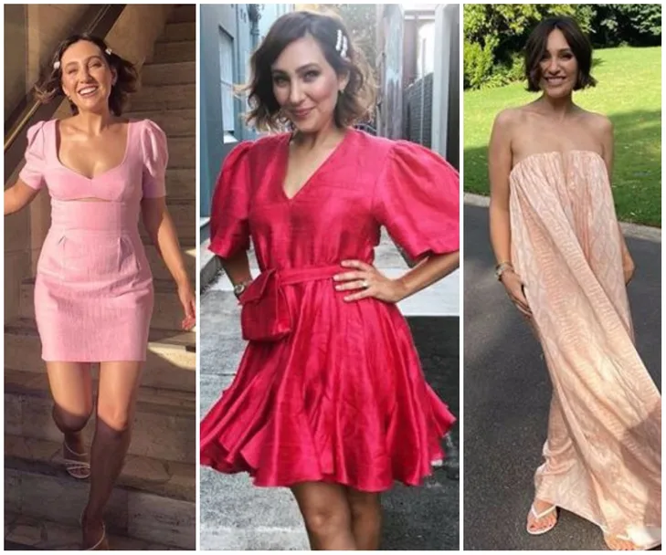 A person showcasing three different stylish outfits: a pink mini dress, a red dress, and a strapless patterned gown.