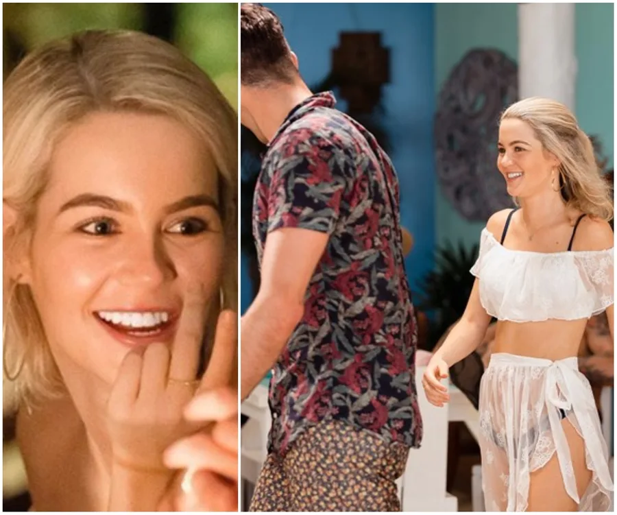 "Helena Sauzier smiling and walking in a white outfit with a man in a floral shirt on 'Bachelor in Paradise' set."