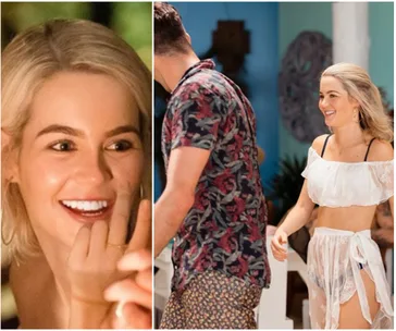 "Helena Sauzier smiling and walking in a white outfit with a man in a floral shirt on 'Bachelor in Paradise' set."