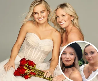 Two women in strapless dresses smiling with a bouquet of red roses; inset shows them in casual outfits.