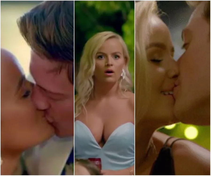 Three-panel image: First panel - couple kissing; second panel - shocked woman in evening dress; third panel - couple kissing.