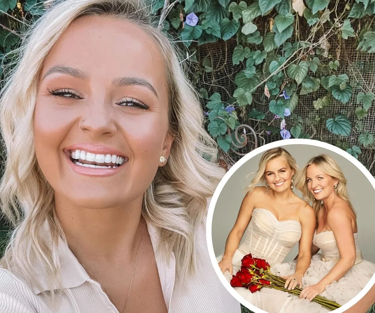 Smiling woman with blonde hair, inset shows two women in formal dresses holding red roses.
