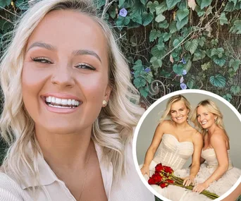 Smiling woman with blonde hair, inset shows two women in formal dresses holding red roses.