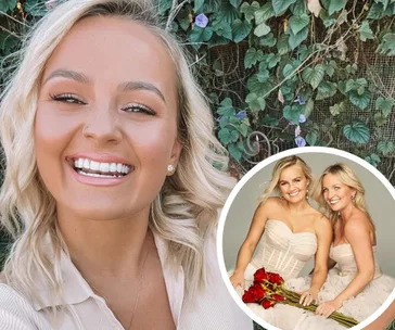 Smiling woman with blonde hair, inset shows two women in formal dresses holding red roses.