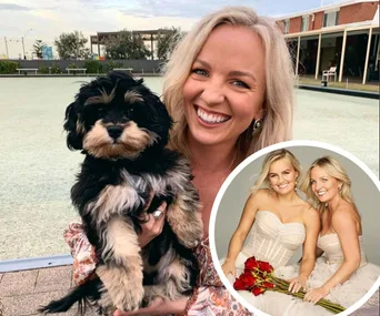Blonde woman smiling, holding a black and tan dog; inset shows same woman with another, both in formal dresses holding roses.