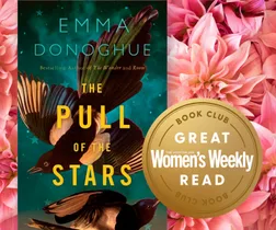 "Cover of 'The Pull of the Stars' by Emma Donoghue with decorative background and 'Women's Weekly Book Club' badge."