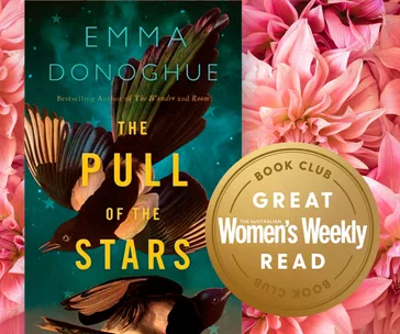 "Cover of 'The Pull of the Stars' by Emma Donoghue with decorative background and 'Women's Weekly Book Club' badge."