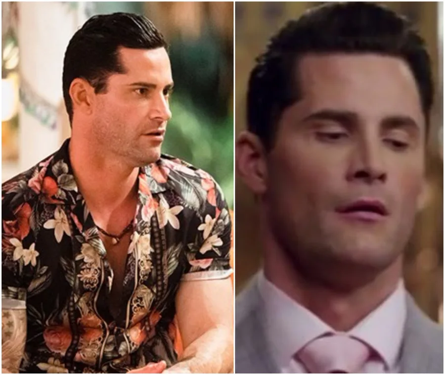 Two side-by-side images of a man with short dark hair. Left: floral shirt, sitting. Right: wearing a suit, eyes closed.