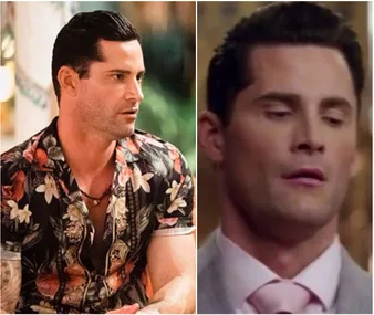 Two side-by-side images of a man with short dark hair. Left: floral shirt, sitting. Right: wearing a suit, eyes closed.