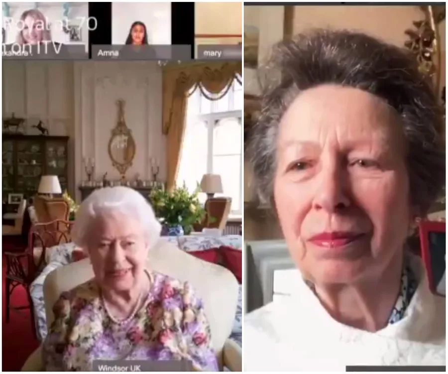 "Two women on a video call, one in a floral dress in a lavish room, the other in a white top, close-up view."