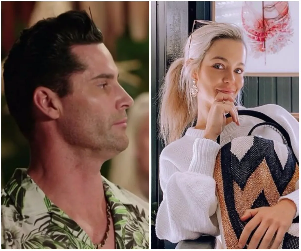 "Split image: Left shows man in a tropical shirt, right shows woman with a ponytail holding a woven bag."