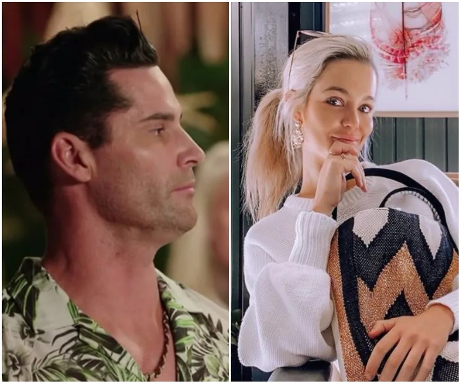 "Split image: Left shows man in a tropical shirt, right shows woman with a ponytail holding a woven bag."