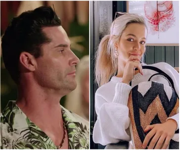 "Split image: Left shows man in a tropical shirt, right shows woman with a ponytail holding a woven bag."