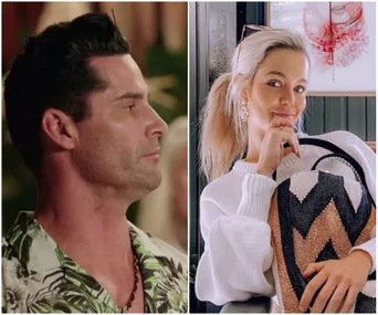 "Split image: Left shows man in a tropical shirt, right shows woman with a ponytail holding a woven bag."