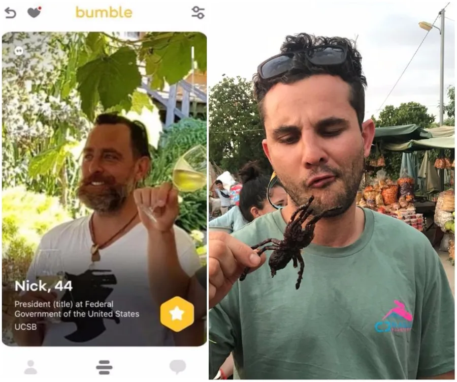"Man on dating app profile holding drink, another man at market with large spider in hand."