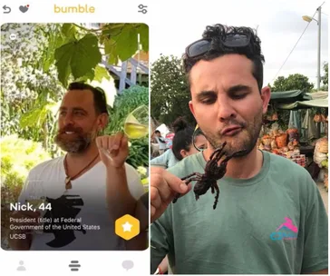 "Man on dating app profile holding drink, another man at market with large spider in hand."