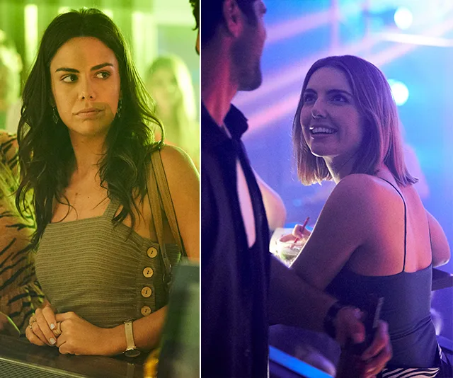 Characters Mackenzie and Amber in a tense scene at a bar in "Home and Away."