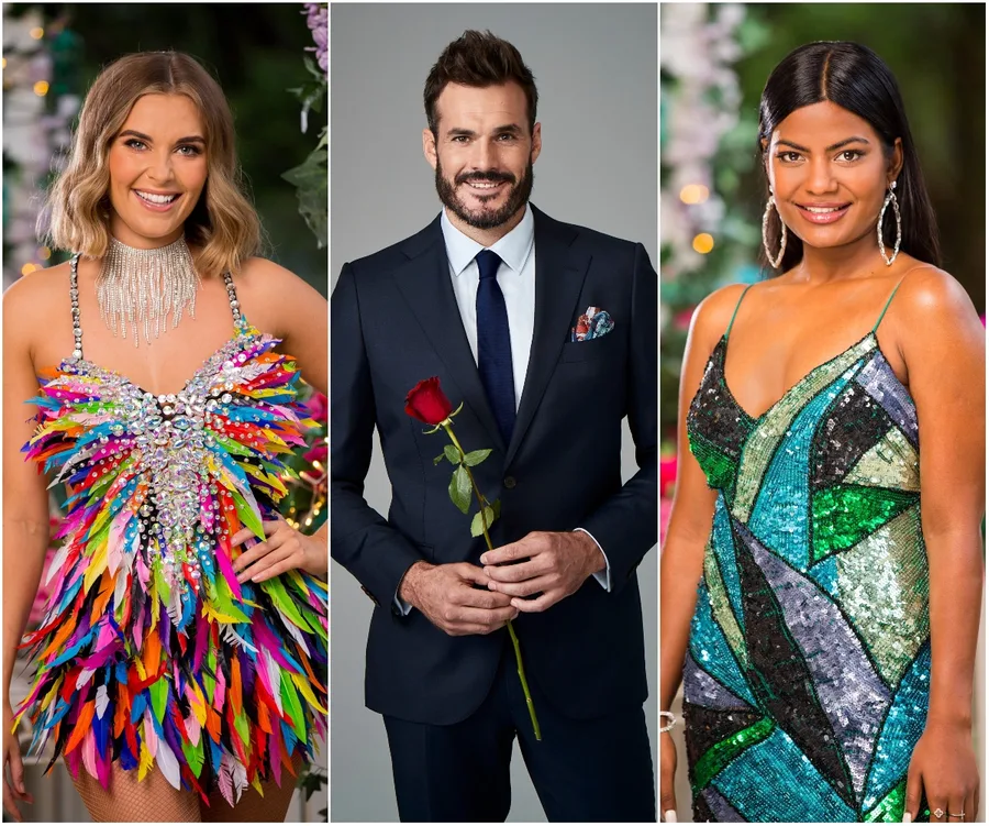 Three individuals from The Bachelor 2020 cast; two women in colorful outfits and a man in a suit holding a rose.