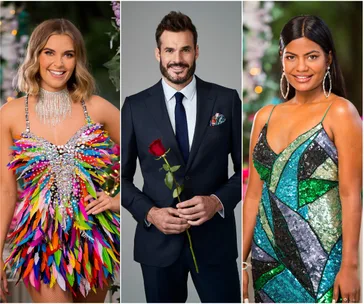Three individuals from The Bachelor 2020 cast; two women in colorful outfits and a man in a suit holding a rose.