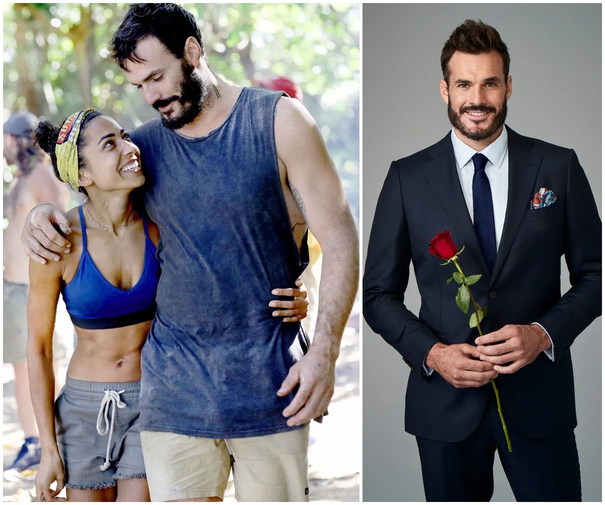 Two people in casual outdoor attire embrace. A suited man holds a rose.