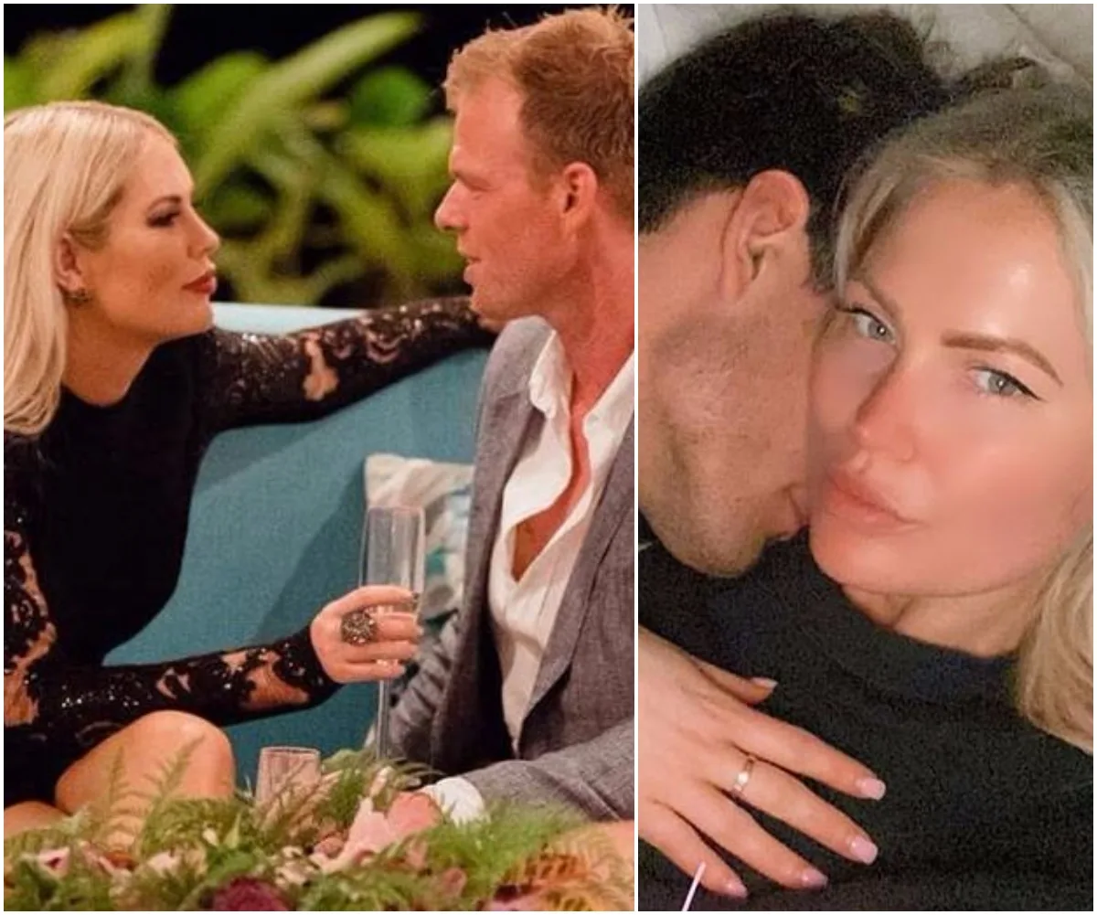 Two photo collage: Left, a couple in conversation on a sofa; right, a woman and man cuddling closely.