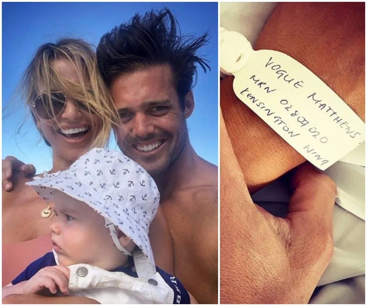Family selfie with a baby in a hat; wristband shows "Vogue Matthews, MRN 0287020, Kensington Wing."