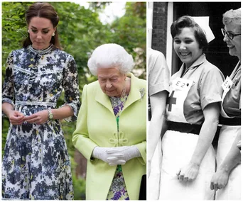 Kate Middleton walking with an elderly woman in a garden; a black-and-white image of two nurses smiling.
